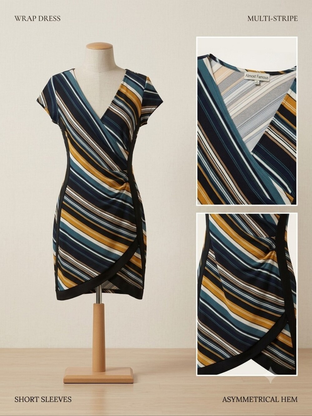 Almost Famous NWT Navy, Mustard & Teal Striped Dress,  Size Medium